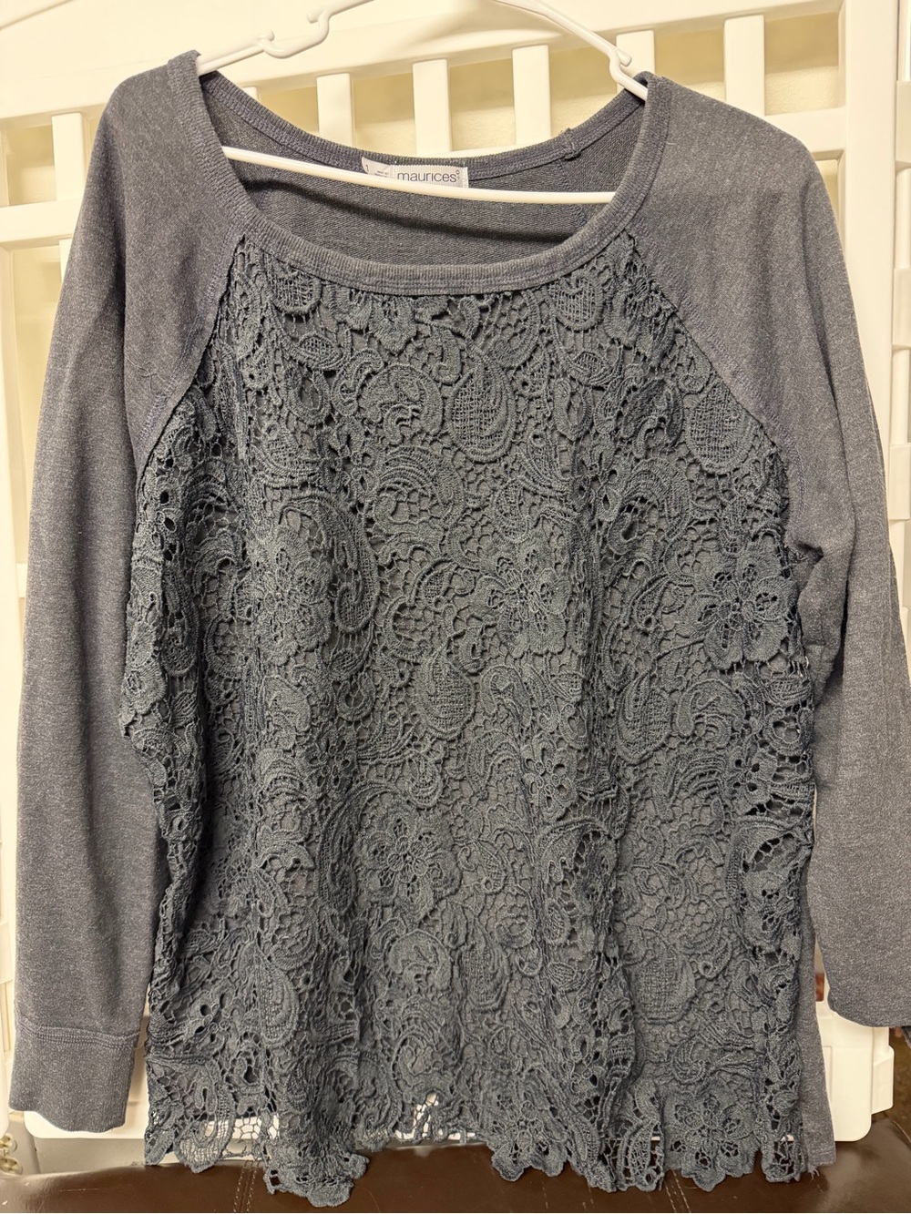 Maurices Gray Lace Front Raglan Long-Sleeve Top